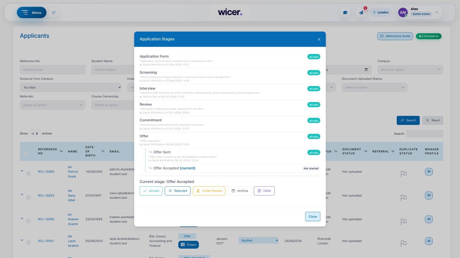 WICER: the application stages for one applicant, showing each decision with its date