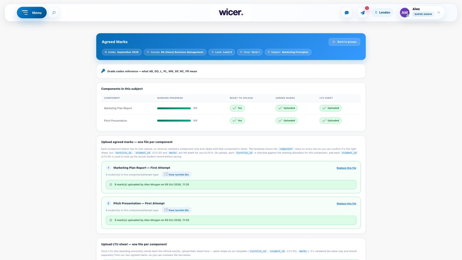 WICER: agreed marks showing each component with marks uploaded and ready