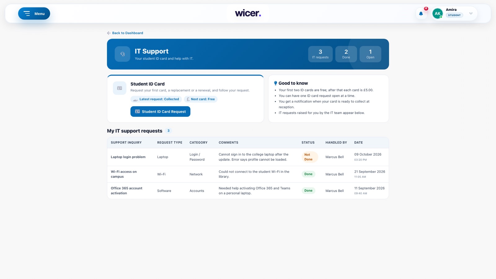 The student portal IT support page