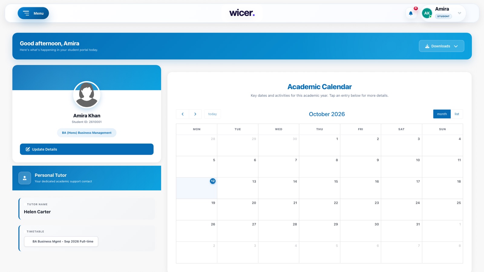 WICER: a student's portal home with their tutor and academic calendar