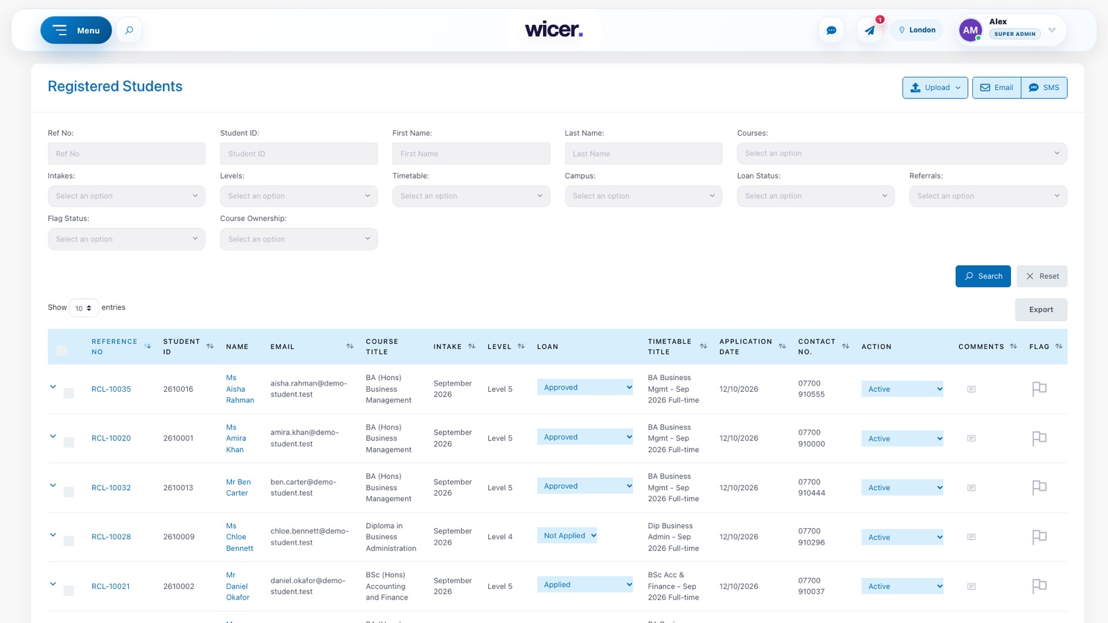 WICER: the registered students list with course, intake, level, loan status and status
