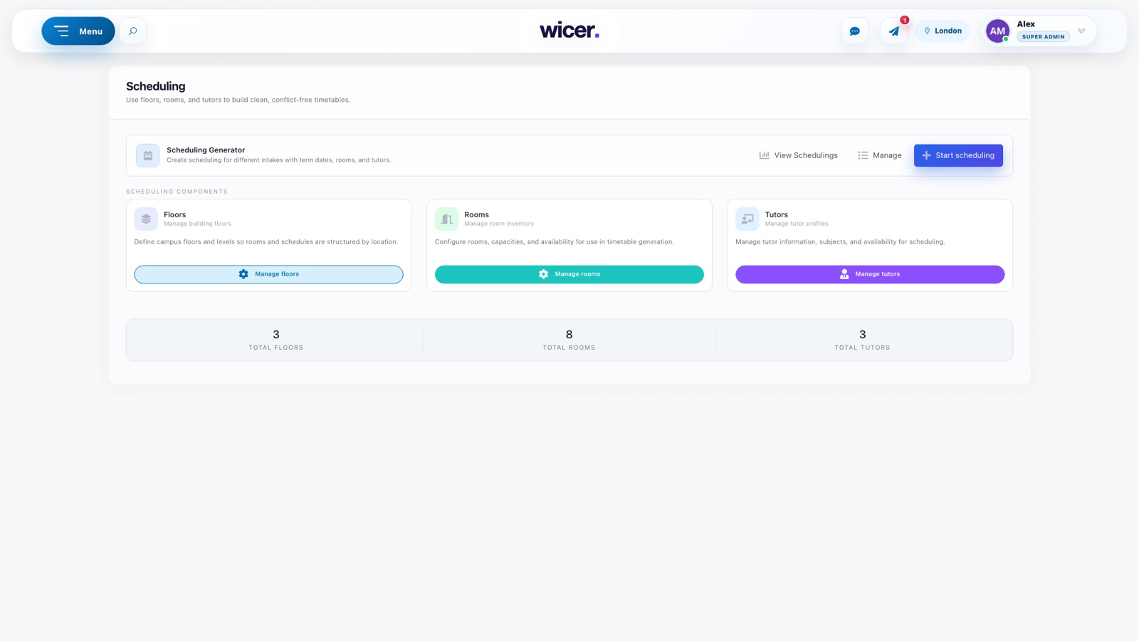 The scheduling page with floors, rooms and tutors