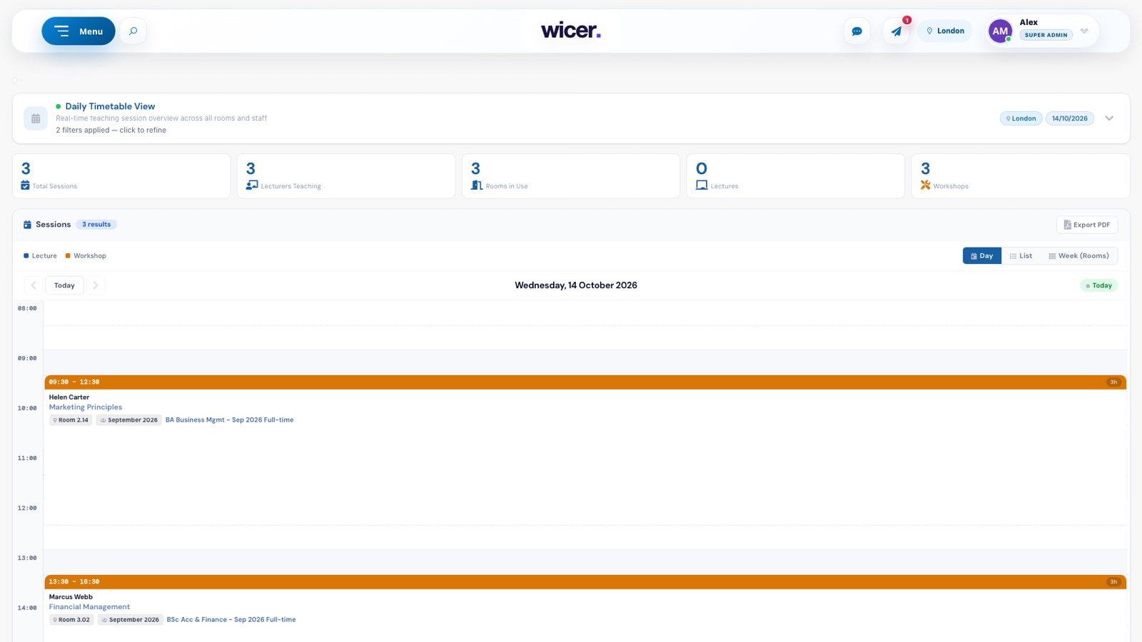 WICER: the daily timetable showing each session with its tutor, room, subject and course